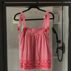 Old Navy Red Checkered Smocked Blouse M Picnic Fourth of July summer